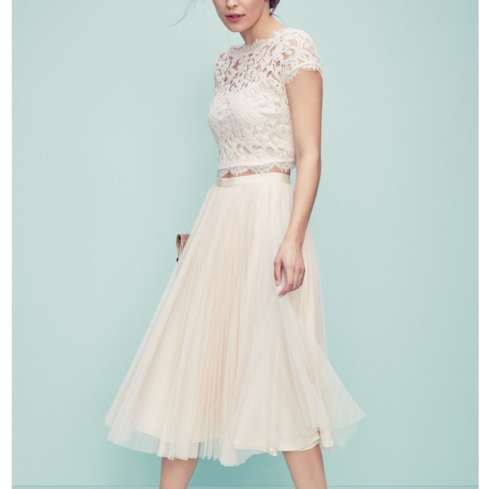 White lace Adrianna Papell crop top and skirt